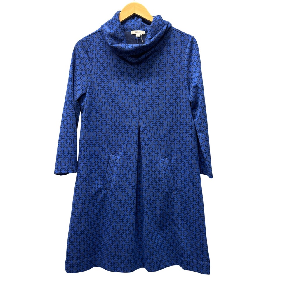 Tyler Boe Dress Womens Medium Cowl Neck Blue Geometric Shift 3/4 Sleeve Pullover